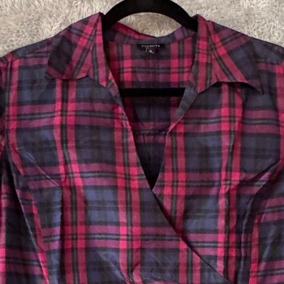 Talbots Surplice Neckline Silk Blend Blouse Top Pink Black Plaid Women Size 16 - Picture 2 of 9